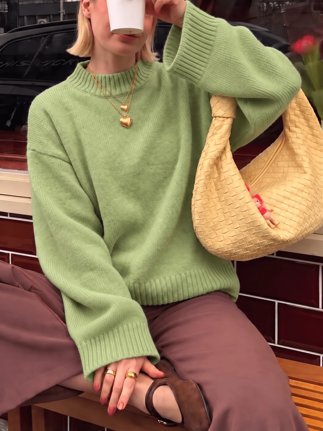 Women's New Autumn/Winter Round Neck Loose Drop Shoulder Slouchy Knit Sweater Top - Green - View 1