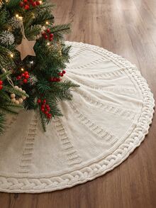 1pc Cream White Cable Knit Christmas Tree Skirt With Braided Trim And Geometric Textured Pattern, Round Tree Base Cover, Suitable For Farmhouse Country Style Holiday Home Decor, Christmas Decoration And Winter Room Arrangement - White - View 5