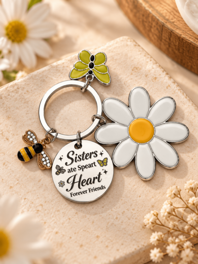 Sister Friendship Stainless Steel Keychain With Daisy Bee Enamel Charms, Forever Friends Quote Key Ring, Bag Charm Gift