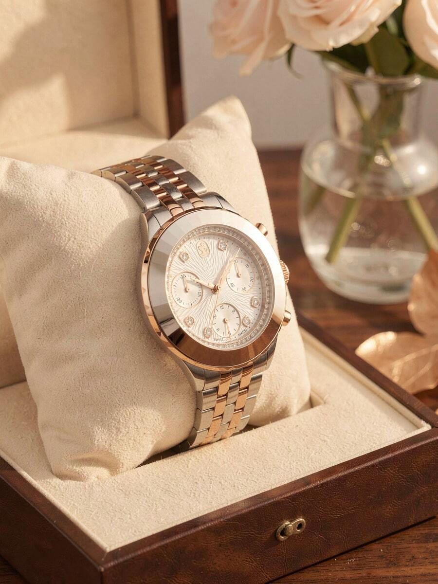 Swarovski Two-Tone Chronograph Watch - Rose Gold & Silver Crystal Bezel White Dial, Swiss Made Luxury Wristwatch Gift For Women - Rose Gold - View 1