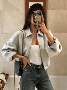 Fashionable Lapel Zipper High Waist Casual Grey Short Jacket - Light Grey - View 4