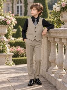 New Boys' Suit Set, Flower Boy Wedding Outfit, Performance Costume, British Style Boys' Performance Suit 3 Pieces Set With Vest, Pants And Tie - Camel - View 4