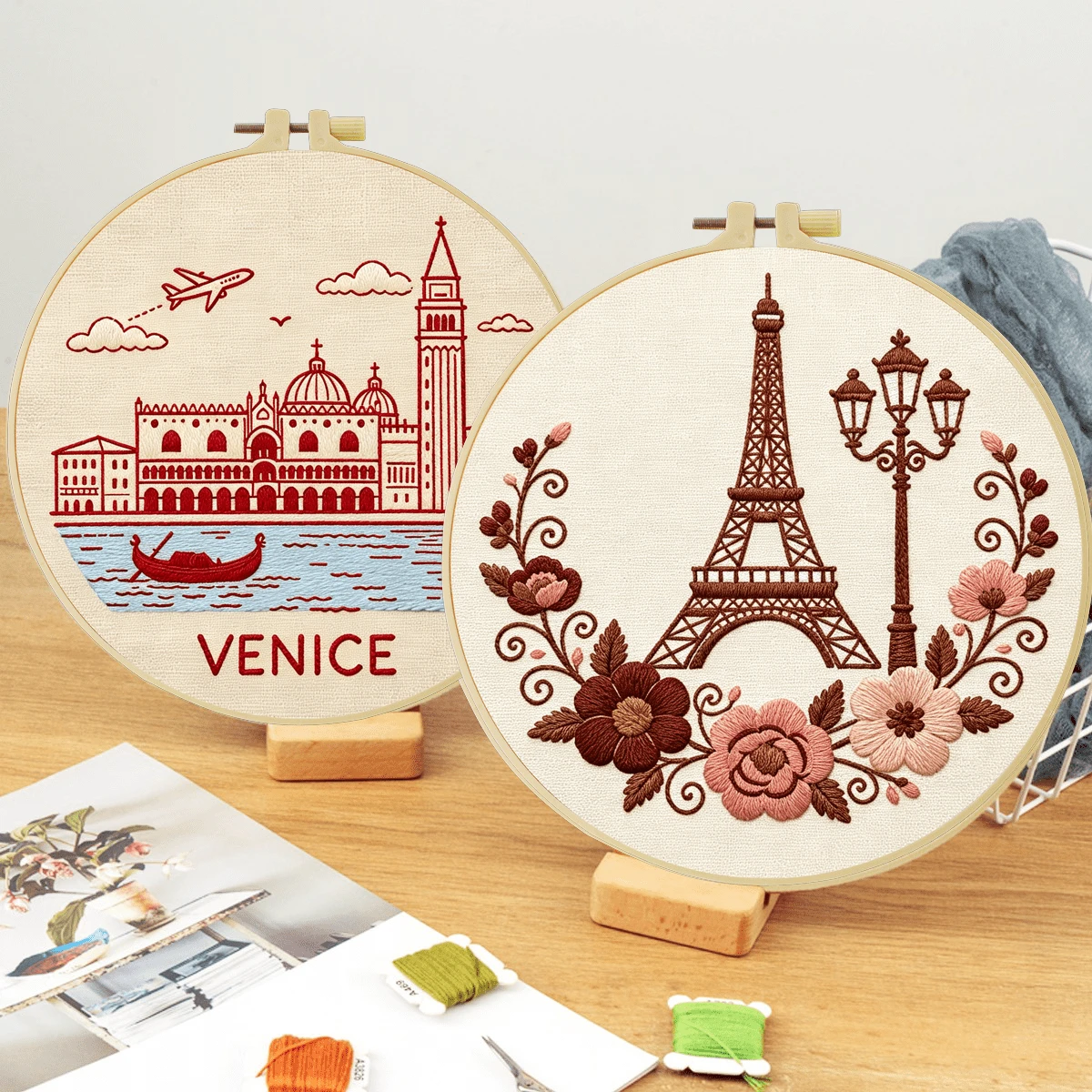 1PC 20*20cm/7.9*7.9in,Famous Buildings Embroidery Kit, DIY Handmade Embroidery Set For Adult Beginners, Home Gift, Women's Sewing Gift, Including User Manual, Printed Pattern Fabric, Embroidery Frame, Needle And Thread.
