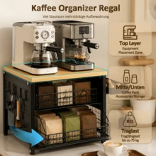 Dreistufiger Kaffee Organizer für Küche, 2026 Neuheit Kaffeestation mit Walnuss Echtholzoberfläche, 5 Metall-Schubkörben und seitlichem Tablett, Multifunktionaler Aufbewahrungsständer für Kaffeemaschine, Tassen, Gewürze, Teezubehör - Verschiedenfarbig - Übersicht 8