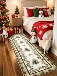 1pc Green Christmas Pine Tree Pattern Long Runner Rug, Velvet Carpet, Suitable For Room Decor, Indoor Door Mat, Living Room Rug, Kitchen Mat, Bedroom Rug, Bathroom Mat, Washable Carpet, Home Decor, Bedroom Decor, Non-Slip Wear-Resistant, Noise-Reducing Sound-Absorbing, Skin-Friendly Soft - Dark Green - View 4