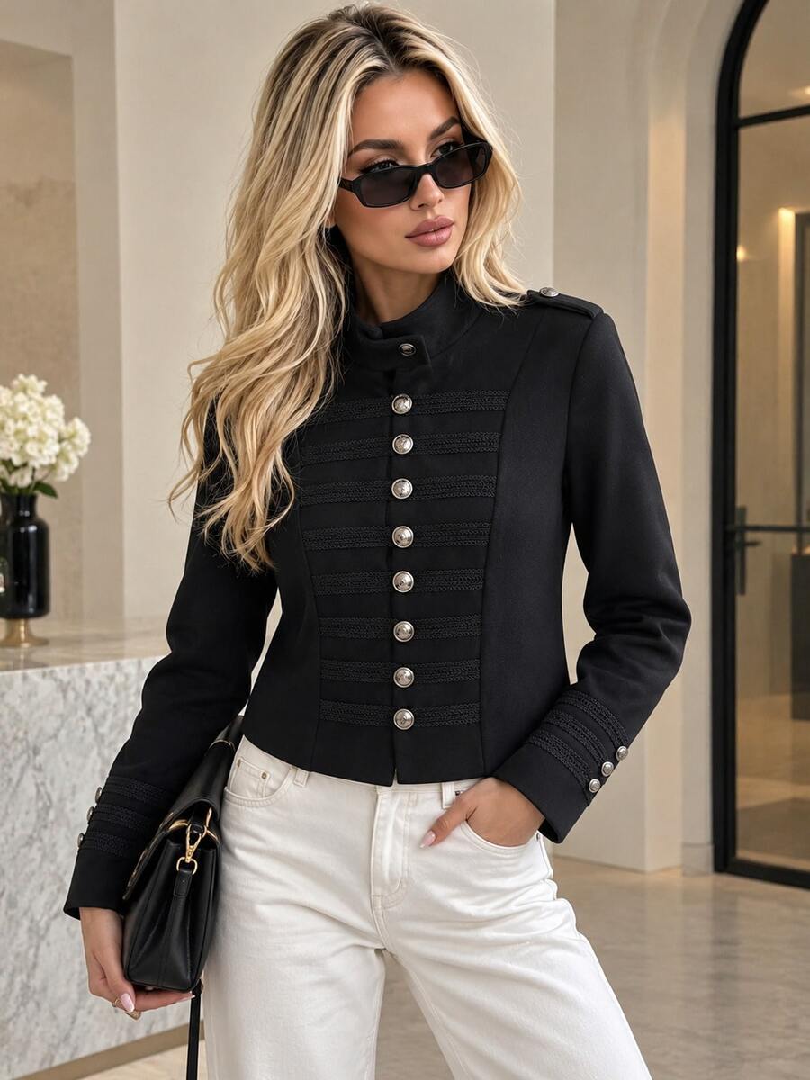 Women's Metal Buckle Slim Fit High Neck Wool Short Jacket - Black - View 1