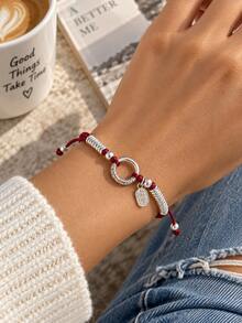 1pc Lucky Adjustable Braided Bracelet, Red/Black/Brown Braided Rope With Lucky Pendant, Unisex Style, Suitable For Daily, Party, Holiday Gift - Black Peace and Good Luck Coil Bracelet - View 4