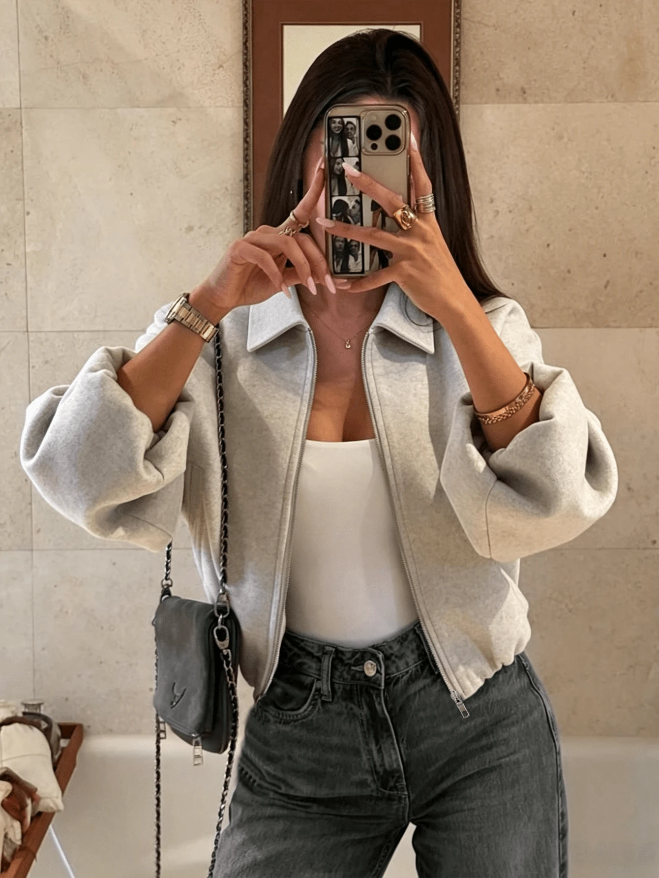 Fashionable Lapel Zipper High Waist Casual Grey Short Jacket - Light Grey - View 1