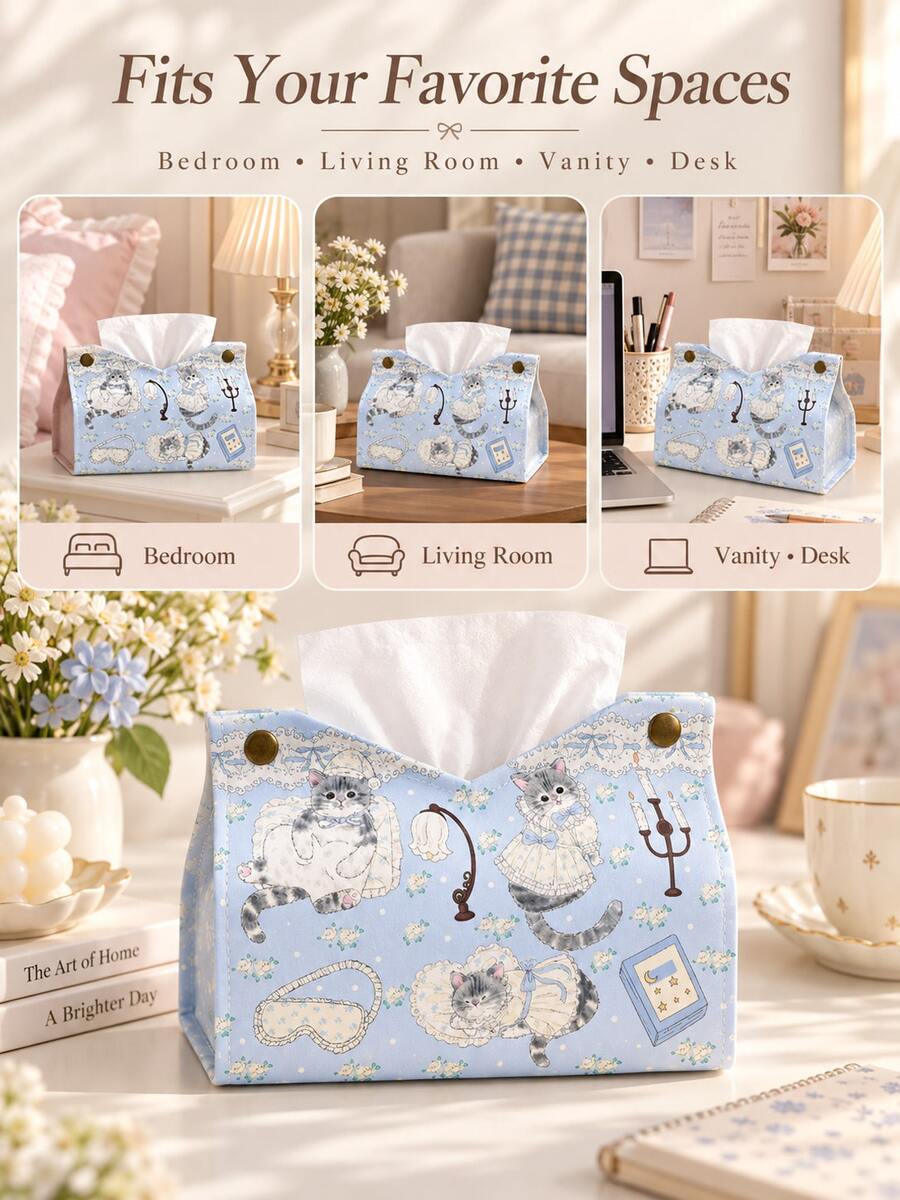 Cute Cat Print Tissue Box Cover, Decorative Fabric Tissue Storage Box, Rectangular Napkin Holder, Bedroom Living Room Desktop Decorative Tissue Storage Rack - Multicolor - View 1