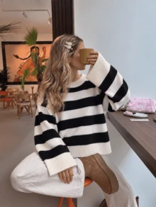 Women's Round Neck Striped Knit Sweater, Dropped Shoulder Loose Fit Vintage Pullover Top, Suitable For Campus, Party And Daily Occasions - Black and White - View 3
