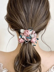 1 Pc Korean Handmade Fabric Rose Scrunchie, Bow Hair Tie Elastic Rubber Band, Hair Accessory For Women, Suitable For Bun Hairstyle - Multicolor - View 4