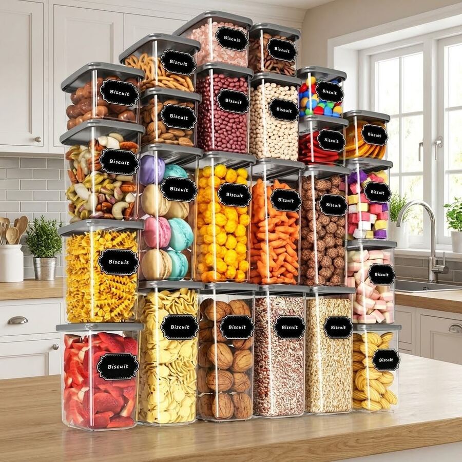 Set Of 26/12/6 Airtight Food Storage Containers With Lids, Stackable Reusable Plastic Cereal Storage Bins, Large Sealed Boxes For Flour, Sugar, Dry Food & Grain, Kitchen Pantry Organizers, Comes With Labels, Marker & Spoon