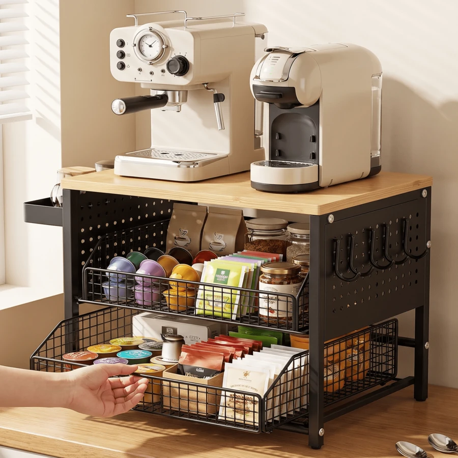2026 Neuheit Dreistufiger Kaffee Organizer für Küche, Kaffeestation mit Walnuss Echtholzoberfläche, 5 Metall-Schubkörben und seitlichem Tablett, Multifunktionaler Aufbewahrungsständer für Kaffeemaschine, Tassen, Gewürze, Teezubehör