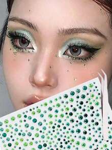 7/5/3/1 Sheets Green Self-Adhesive Face Gem Stickers, Tweezers, For Face, Body, Suitable For Christmas, Parties, Festivals, Y2K Style, Concert Looks, Face Gems, Accessories Can Be Purchased Separately - Multicolor - View 2