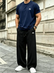 2pcs/Set Men's Fashion Minimalist Letter Print Casual Short Sleeve T-Shirt And Pants Set, Suitable For Street, Outdoor And Daily Wear - Royal Blue - View 1
