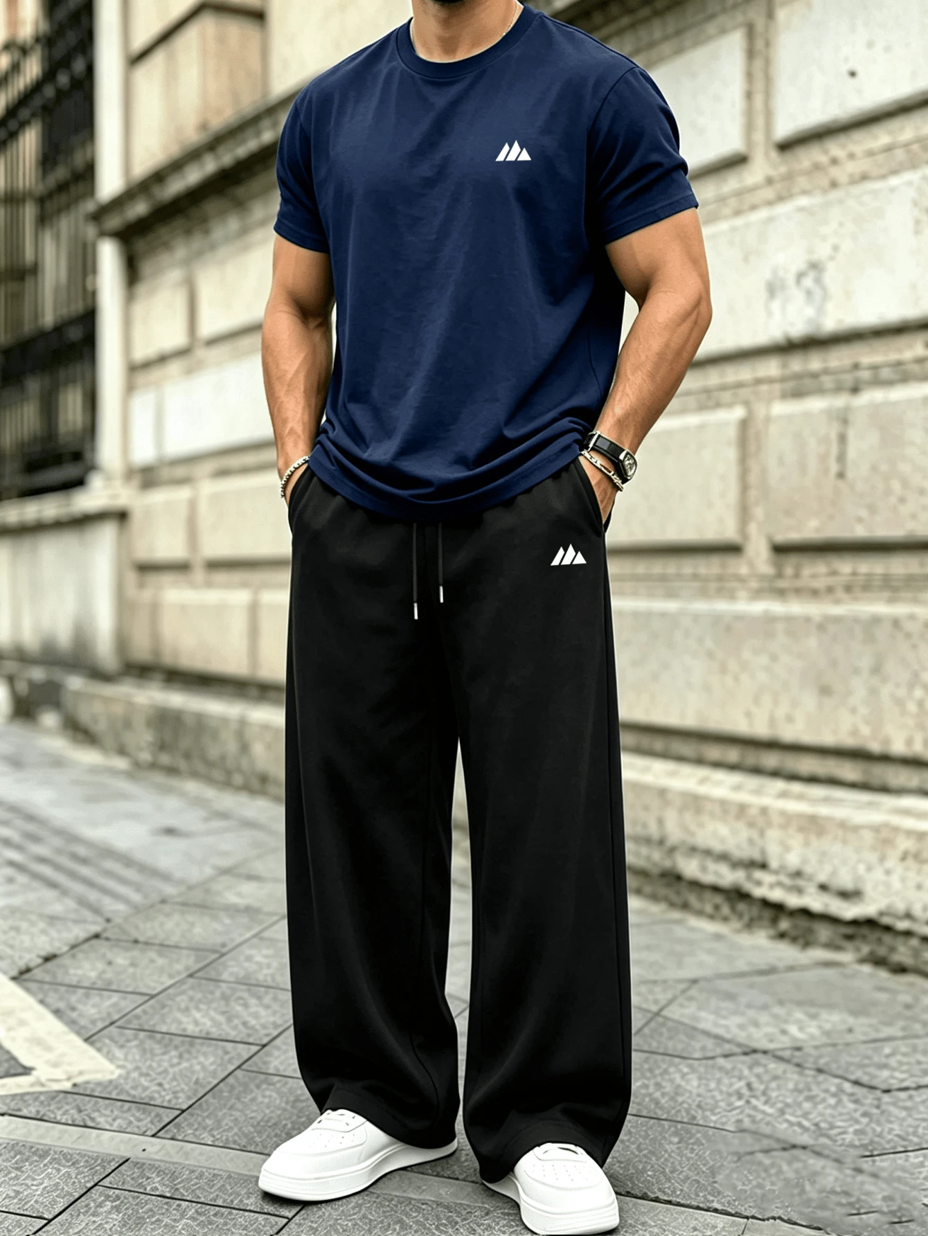 2pcs/Set Men's Fashion Minimalist Letter Print Casual Short Sleeve T-Shirt And Pants Set, Suitable For Street, Outdoor And Daily Wear - Royal Blue - View 1