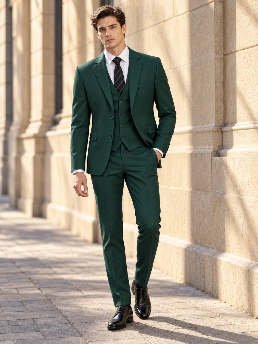 Men's 3 Pieces Formal Suit Set, Slim Fit Single-Breasted 2-Button Blazer, V-Neck Vest, Suit Pants, Business Wedding Daily Work