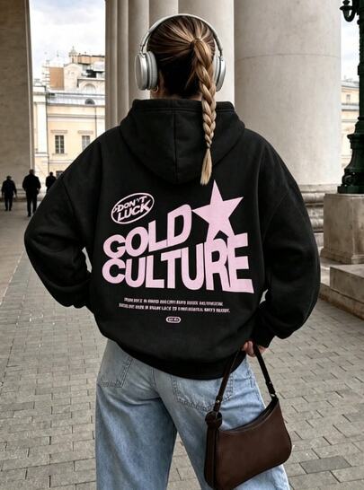 Women's Oversized Black Soft Hoodie,Pink Star Back Print With "Gold Culture Don't Luck" Text,Y2K Style, Autumn Streetwear Outfit, With Kangaroo Pocket