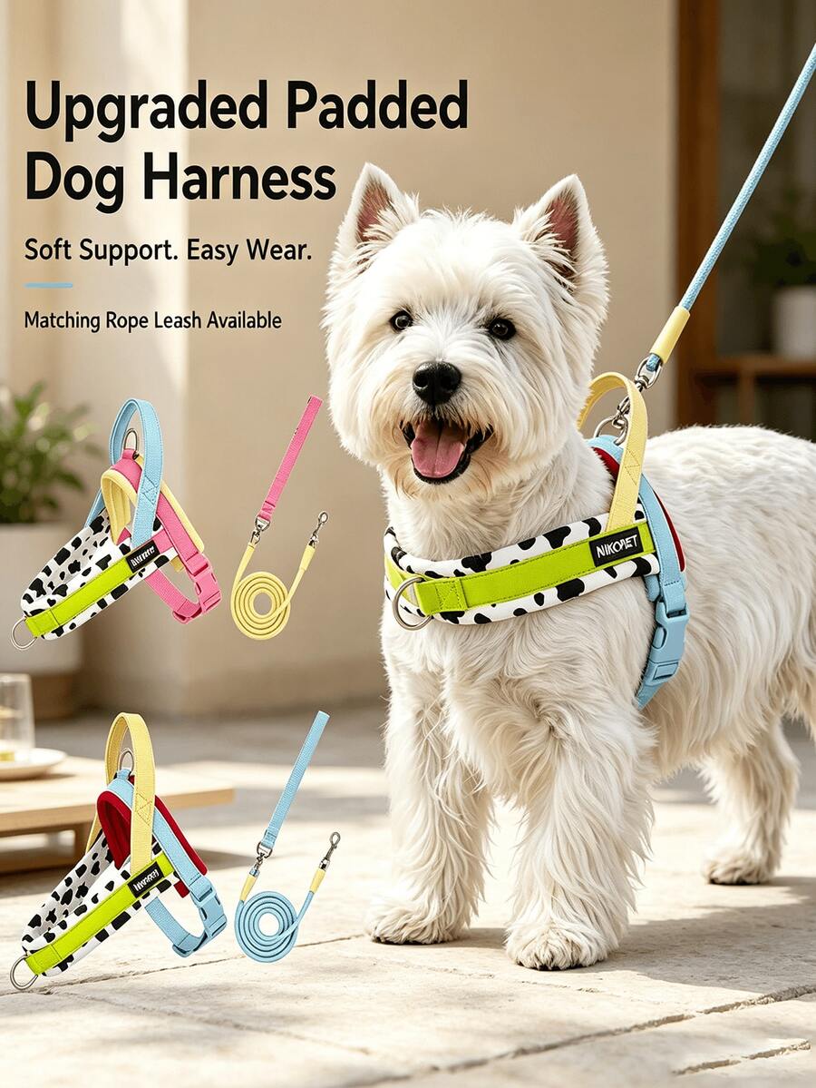 Cow Print Dog Harness And Leash Set, Colorblock Soft Padded Anti-Pull Pet Vest Harness, Adjustable Buckle Comfortable Dog Walking Set, Suitable For Outdoor Daily Use - Multicolor - View 1