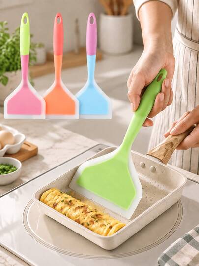 Random 2/1pc Silicone Wok Spatula, Translucent Kitchen Frying Spatula, Cabinet Cookware, Home Cooking Wide-Mouth Slotted Spatula