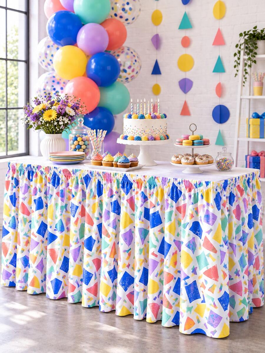 1pc Colorful Party Table Skirt, Terrazzo Colored Paper Ribbon Star Moon Galaxy Geometric Print Pleated Table Cover, Suitable For Birthday, Wedding, Baby Shower, Dessert Table, Buffet Table And Celebration Party Decoration - Multicolor - View 1