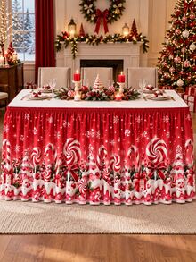 1pc Candy Cane Christmas Table Skirt, Mint Lollipop Snow-Capped Christmas Tree Gift Box Red Bow Snowflake Print Table Edge Cover, Suitable For Dessert Table, Family Gathering And Christmas Party Decoration - Multicolor - View 7