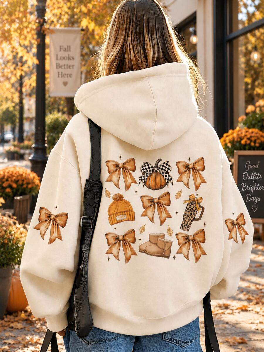 Women's Autumn Printed Sweatshirt, Decorated With Bows And Autumn Elements, Long Sleeve Pullover Sweatshirt, Combining Street Style And Winter Comfort. Printed Pattern Sweatshirt, Plus Size Women's Casual Autumn/Winter Long Sleeve Pocket Sweatshirt, Suitable For Winter Holiday, Beach, Vacation, Autumn, Halloween, Christmas, New Year. Suitable For Daily Wear, Going Out Top, Outings, Holidays, Beach, Parties, Birthdays, Beach, Gatherings, School, Music Festivals. - Apricot - View 1