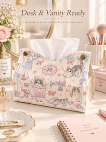 Cute Cat Print Tissue Box Cover, Decorative Fabric Tissue Storage Box, Rectangular Napkin Holder, Bedroom Living Room Desktop Decorative Tissue Storage Rack - Multicolor - View 6