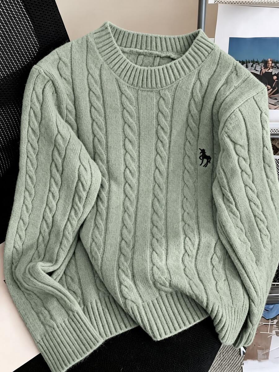 秋冬女款刺繡圓領粗針編織鬆垮版型針織毛衣,新款寬鬆外套針織上衣 - 薄荷綠 - 查看 1
