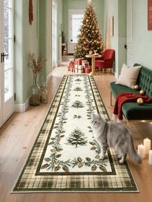 1pc Green Christmas Pine Tree Pattern Long Runner Rug, Velvet Carpet, Suitable For Room Decor, Indoor Door Mat, Living Room Rug, Kitchen Mat, Bedroom Rug, Bathroom Mat, Washable Carpet, Home Decor, Bedroom Decor, Non-Slip Wear-Resistant, Noise-Reducing Sound-Absorbing, Skin-Friendly Soft - Dark Green - View 5
