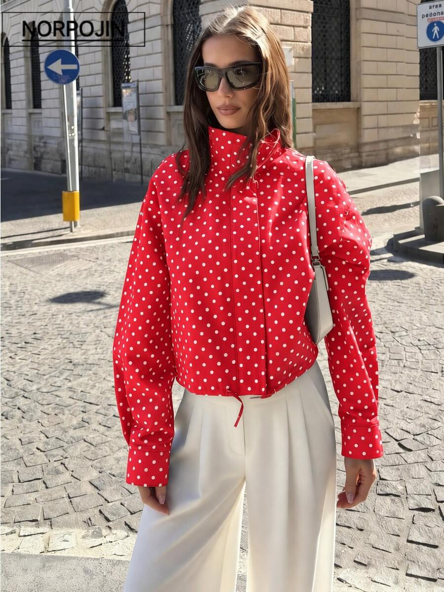 Polka Dot Stand Collar Long Sleeve Jacket, Suitable For Spring And Autumn - Red - View 1