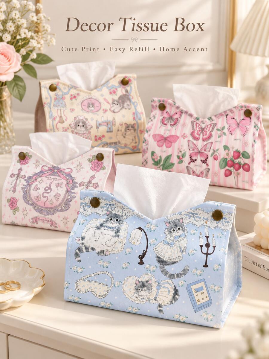 Cute Cat Print Tissue Box Cover, Decorative Fabric Tissue Storage Box, Rectangular Napkin Holder, Bedroom Living Room Desktop Decorative Tissue Storage Rack - Multicolor - View 1
