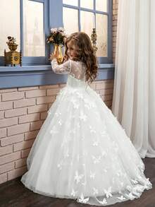 Tween Girl) Princess Style White Long Sleeve 3D Butterfly Decor Tulle Puff Dress, Autumn Fashion Back To School Ball Pageant Photography Costume - White - View 2