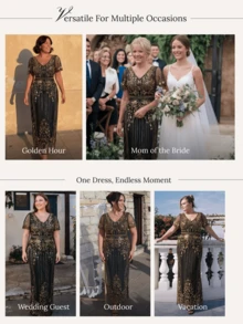 EVERPRETTY Autumn/Winter Plus Luxury Sequin Embroidered Batwing Sleeve Straight Mesh Black & Gold Formal Evening Gown For Dinner Party Wedding Guest Anniversary - Multicolor - View 8