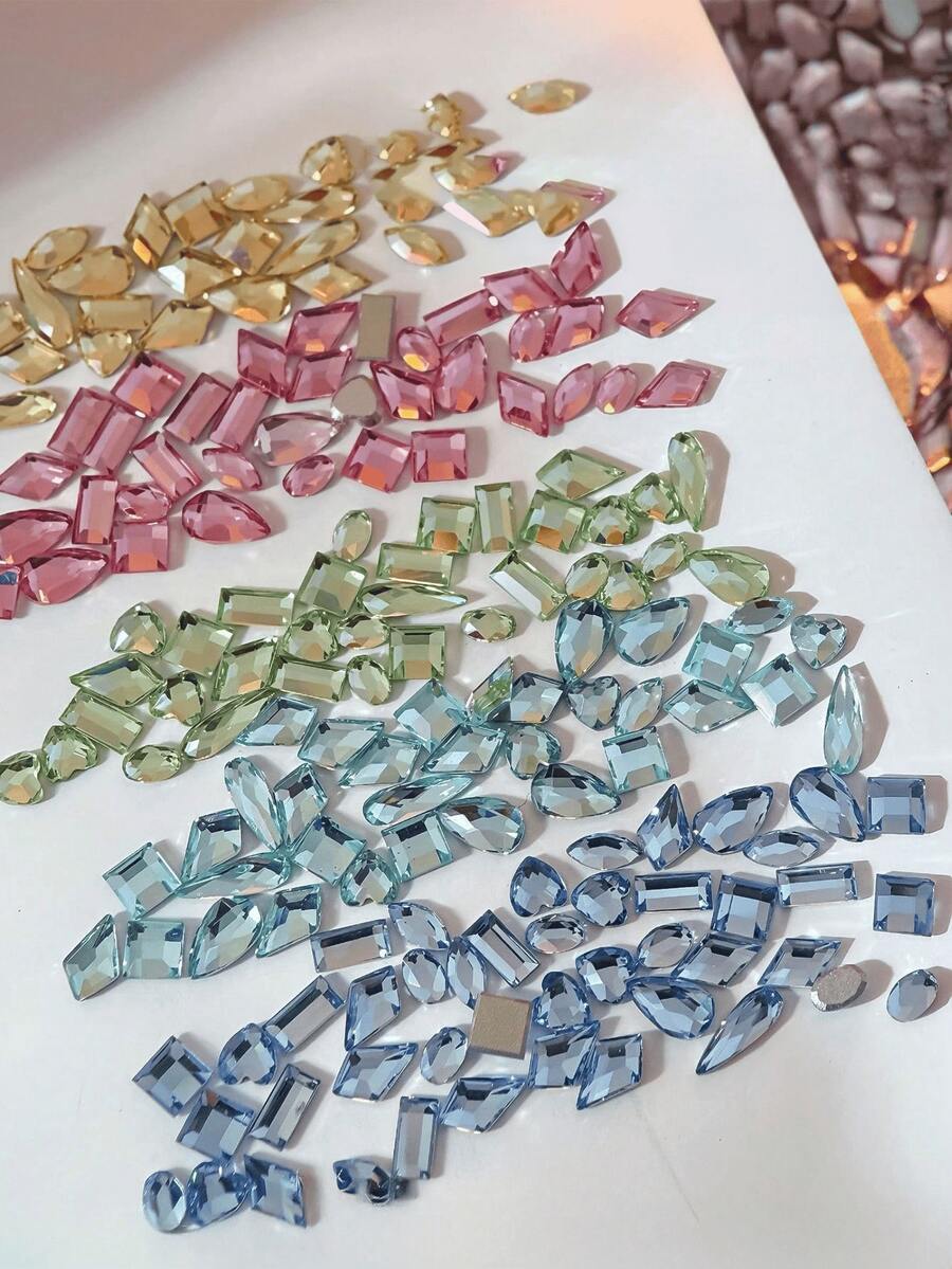 45pcs Iridescent Ice Sugar Zirconia Flat Back Nail Rhinestones, Faceted Flat Back Nail Art Gems, Shiny K9 Beveled Small Flat Back Irregular Rhinestones, Mixed Color Nail Rhinestones, Sparkling Nail Decoration Accessories - Multicolor - View 1