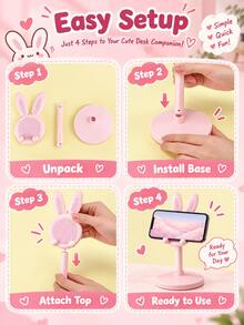 2026 New Model: Cute Rabbit Phone Stand | Pink Adjustable Height Desktop Phone Holder | Suitable For All 4-10 Inch Phones And Tablets | Cute Desktop Accessory And Essential Phone Accessory For Women | Practical And Cute - Essential For Studying, Working And Watching Movies | Perfect Gift For Halloween, Christmas, Valentine's Day, Easter And Mother's Day - Multicolor - View 8