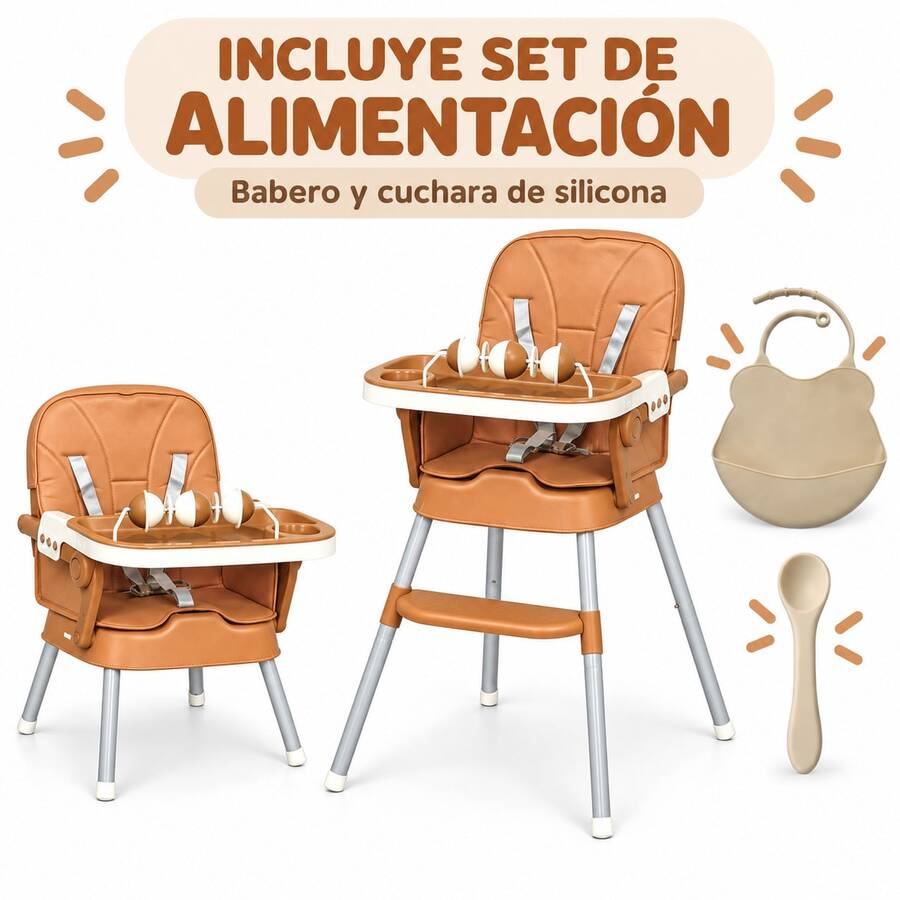 Silla alta para niños, dos modos de altura, incluye vajilla - Marrón - Ver 1