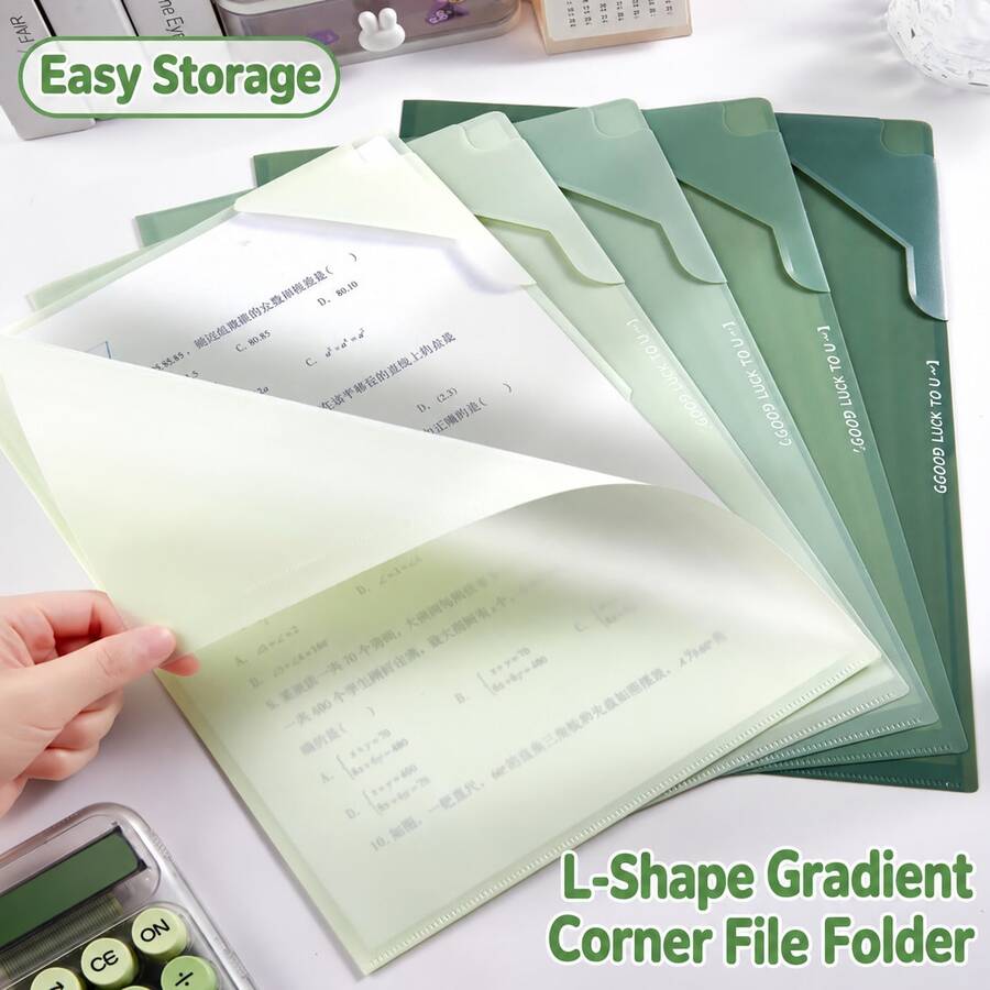5pcs Gradient Color L-Shaped Transparent Folders, A4 Exam Paper Clips, Document Storage Bags, File Organizers, Suitable For Study, Exam Paper Classification, Office Document Storage, Portable Document Folders - L-shaped Folder - View 1