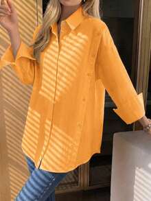 Solid Color Front Button Pocket Shirt, Long Sleeve Blouse For Women, Suitable For Spring, Summer, Autumn - Orange - View 4
