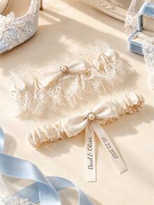 Customized Bride Name & Date Personalized Wedding Garter, Blue Lace Bridal Keepsake, Handmade Gift, Gift For Her - Multi-color - Sock Strap Set - View 2
