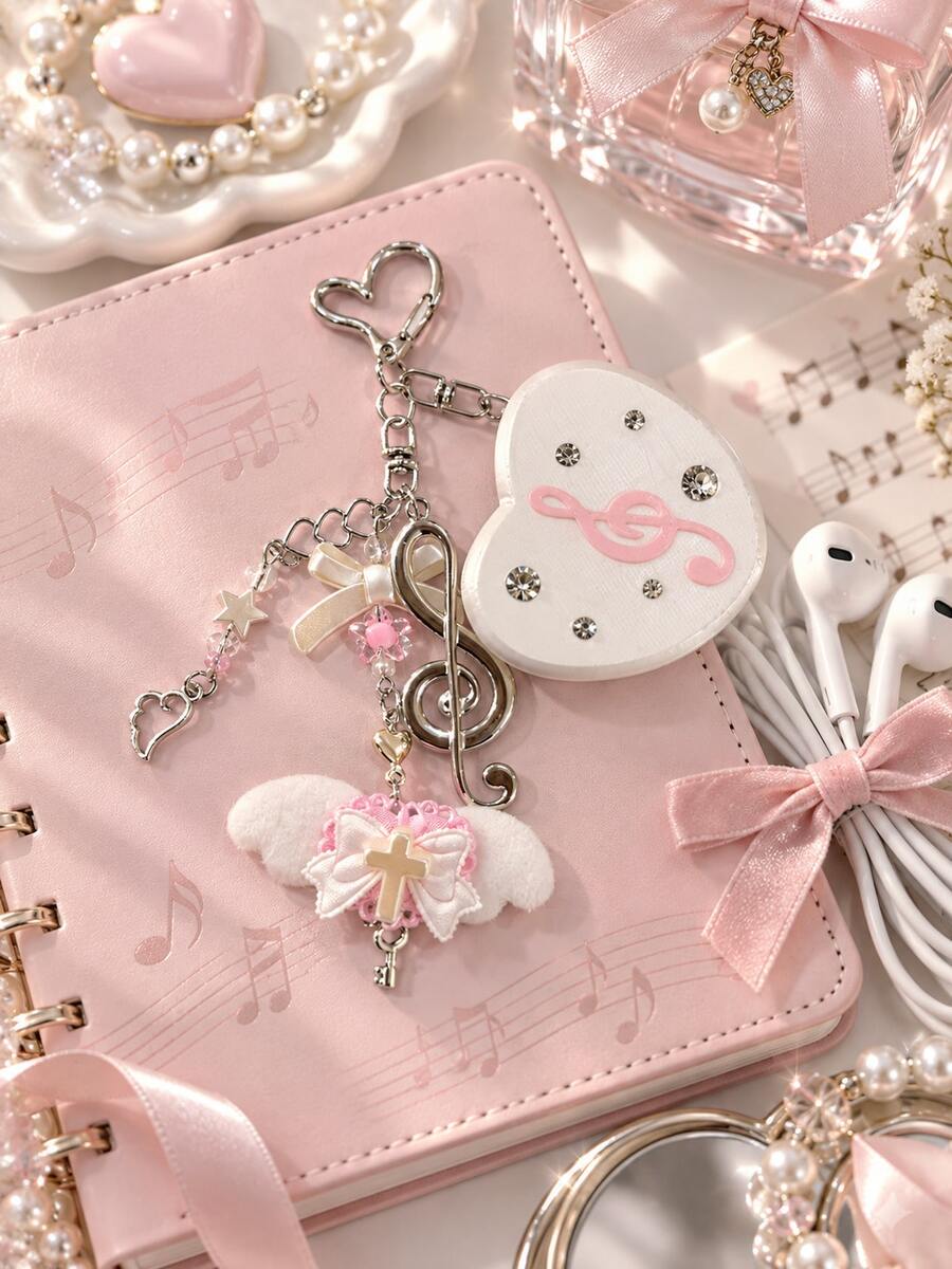 Móc khóa treo túi hình trái tim nốt nhạc ngọt ngào, thiết kế nơ đính đá rhinestone và cánh thiên thần, bộ sắp xếp cáp dữ liệu và dây tai nghe di động, móc khóa trang trí túi đa năng, phù hợp cho túi xách, ba lô, túi đeo chéo, đi làm hàng ngày, du lịch, quản lý cáp bàn làm việc, phụ kiện quà tặng dễ thương tinh tế, hoàn hảo cho bạn gái, bạn bè, quà sinh nhật, lễ hội, phong cách Âu Mỹ, kết cấu sáng bóng sang trọng nhẹ nhàng, tiện dụng và di động, tiết kiệm không gian, tăng phong cách và sự tinh tế cho túi, đa năng và bắt mắt - Nhiều màu - Xem 1