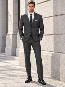 Setelan Jas Pria 2 Potong, Setelan Blazer dan Celana Panjang Elegan Warna Polos, Potongan Slim Fit Dua Kancing, Model Single-Breasted untuk Pesta dan Pernikahan, Abu-abu Gelap, XS-XXXL - Dark Grey - View 1
