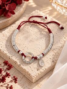 1pc Lucky Adjustable Braided Bracelet, Red/Black/Brown Braided Rope With Lucky Pendant, Unisex Style, Suitable For Daily, Party, Holiday Gift - Black Peace and Good Luck Coil Bracelet - View 13