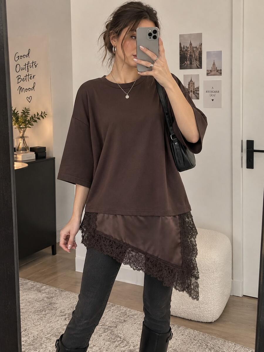 Camiseta de manga corta con contraste de encaje de unicolor, casual para primavera/verano - Café integral - Ver 1