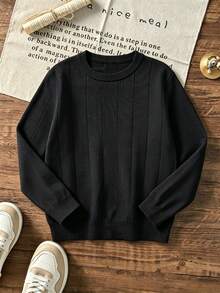 Boys Solid Black Crew Neck Vertical Rib Knit Sweater, Fall Winter Preppy Long Sleeve Jumper For School Daily Wear - Black - View 3
