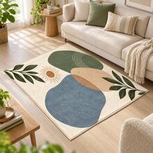 1PC Rust Orange Blue Leaf Print Faux Cashmere Rug, Contemporary Abstract Rectangular Area Rug And Floor Mat With Wavy Color Blocks, Artistic Home Decor For Living Room, Bedroom, Kitchen Or Hallway - Multicolor - View 2