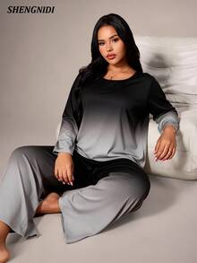 Women's Plus Size Pajama Set Long Sleeve Pants Loungewear, Autumn/Winter - Black and White - View 4
