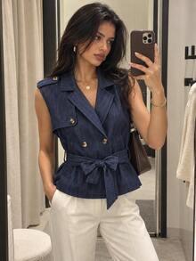 Women's Solid Color Sleeveless Collared Tank Top With Belt Summer - Navy Blue - View 1