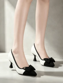 Elegant Fashion Chunky Heel Pointed Toe Women's High Heel Pumps Breathable Versatile Office Work Shoes - Black and White - View 6