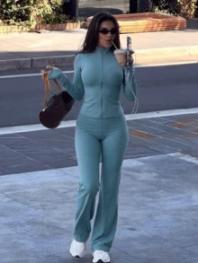 Women's Solid Color Zipper Fitted Long Sleeve Top And Flared Pants Set, Suitable For Yoga, Daily Wear, Commuting And More - Green - View 1